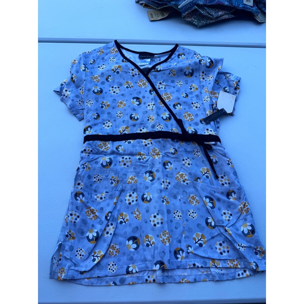 Cherokee Womens Scrub Top XS Blue Floral Mock Wrap Empire Waist 2617 DFWR NWT